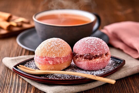 Japanese sweets monaka and hot tea on wooden table cozy atmosphere