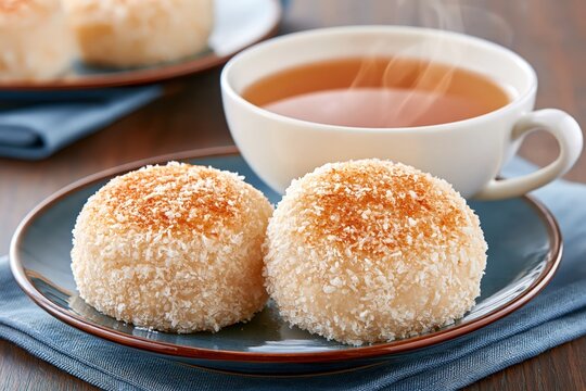 Coconut mochi rice cakes with hot tea cozy morning food photography