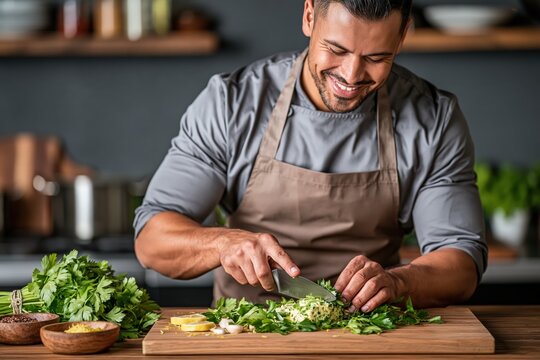 Smiling male chef cutting fresh herbs on wooden board in kitchen