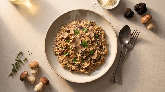 Creamy wild mushroom risotto topped with sliced black truffle and fresh thyme