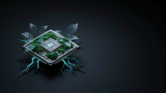A futuristic computer chip with glowing digital roots and green moss foliage representing artificial intelligence and sustainable technology growth