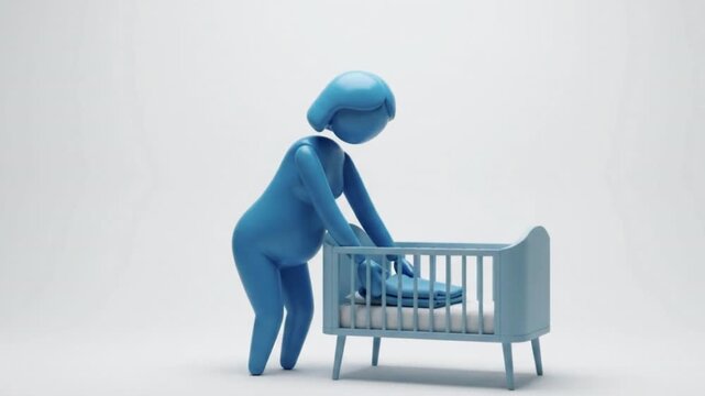 3D Mascot Blue Character Mother Arranging Blanket Inside Baby Crib