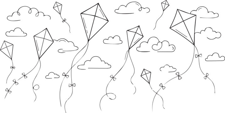 Hand-drawn black and white of flying kites and clouds