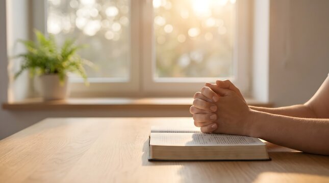 Side view close-up of woman hands clasped in prayer over open Holy Bible on wooden table near window with warm morning sunlight for christian faith, spirituality, and devotion concept