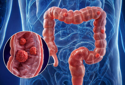Medical illustration of colon polyps in the human intestine