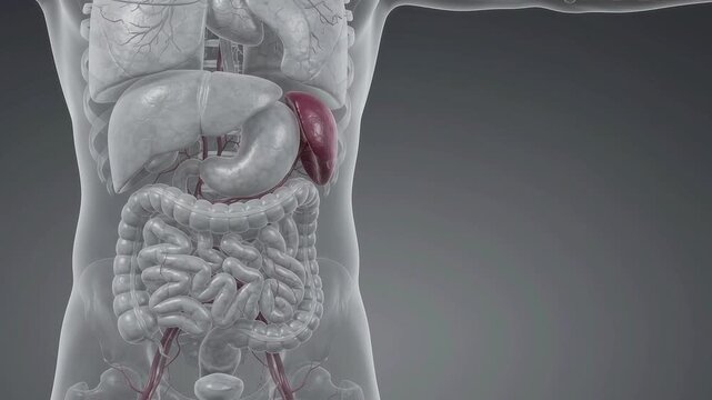 Human anatomy spleen highlighted in red on transparent body model showing digestive organs close up medical educational animation.