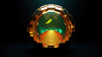 Fototapeta premium Geometric sphere contains glowing staircase descending into darkness. Teal interior contrasts warm orange exterior lighting. Minimalist design.