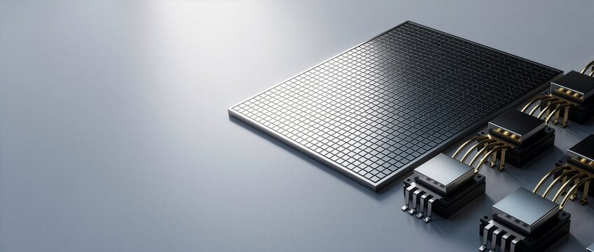 3D Abstract Render of SiC GaN Power Semiconductor Wafer and MOSFET Chips with Copy Space (21:9 Web Header)