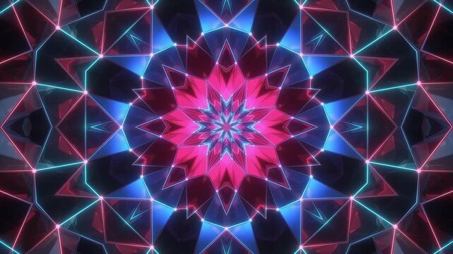 Abstract geometric kaleidoscope pattern with glowing neon blue and pink lines forming a star shape, creating a mesmerizing hypnotic visual effect, perfect for digital art backgrounds.