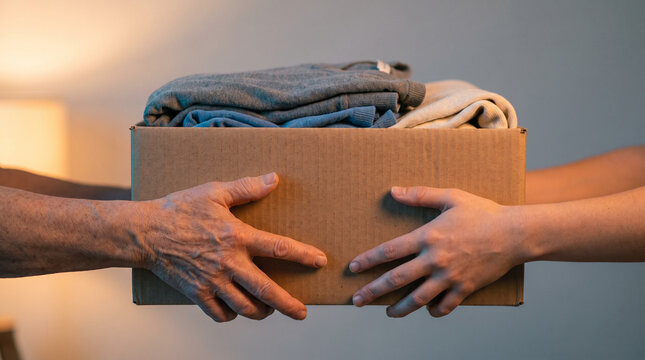 Giving Tuesday, volunteers sharing a box of donated clothes