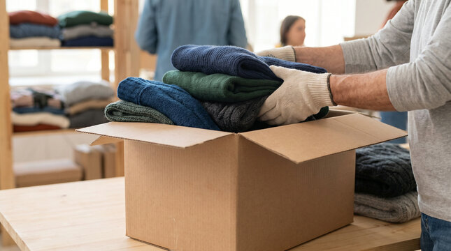 Giving Tuesday, volunteers donating clothes in a box