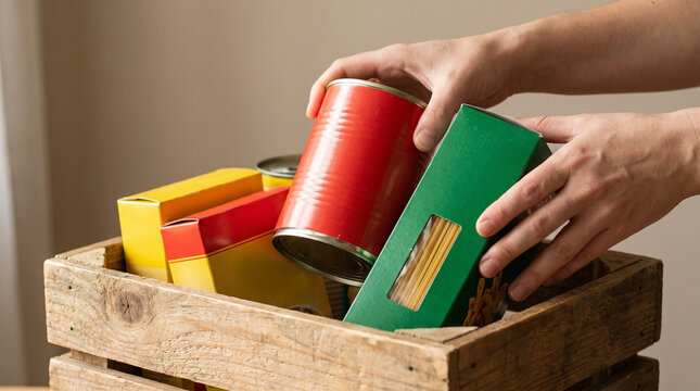 Giving Tuesday, donated food supplies in wooden crate
