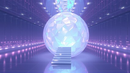 Fototapeta premium Futuristic interior features glowing sphere, steps leading upwards. Purple lighting creates dramatic, symmetrical perspective. Minimalist design.