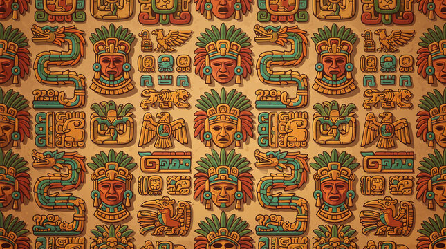 vibrant aztec pattern with colorful feathers and faces