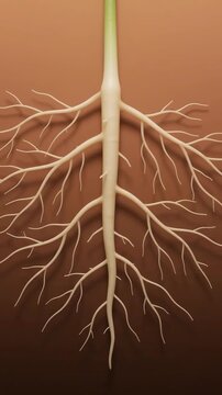 Plant root system growing downwards in soil cross section with intricate branching and tiny root hairs developing motion.