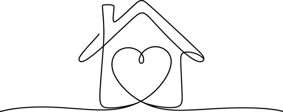 Single continuous line of a simple house shape with a heart symbol inside, representing love, home, family, and comfort, isolated on white background