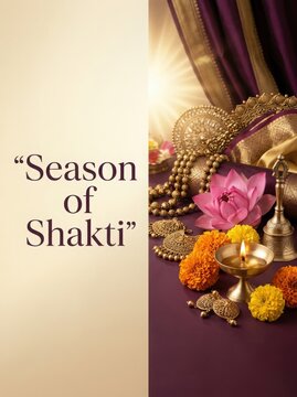 Traditional jewelry and religious offerings with lotus and oil lamp on purple surface for season of shakti celebration.
