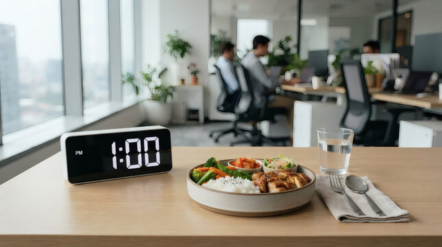 Office Lunch Break With Bento Bowl and Digital Clock On Modern Corporate Desk At Midday


