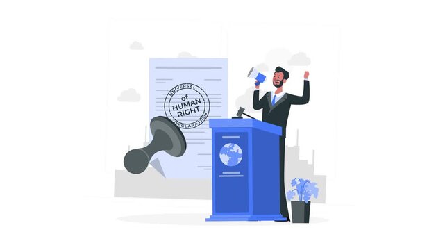 Man speaking at podium with human rights stamp. Advocacy and public speaking concept for legal campaigns, equality education, and international human rights awareness