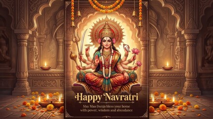 Fototapeta premium Happy navratri goddess durga sitting on a tiger in a temple surrounded by lit diyas and flowers banner.