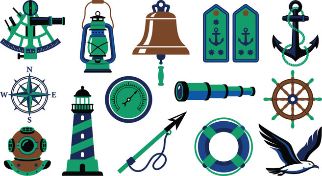 Maritime ship captain navigational tools vintage brass bell antique diving gear lighthouse lifebuoy seafaring ocean voyage heritage