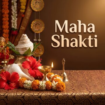 Traditional puja altar featuring white conch shell and red hibiscus flowers with maha shakti text for religious worship.