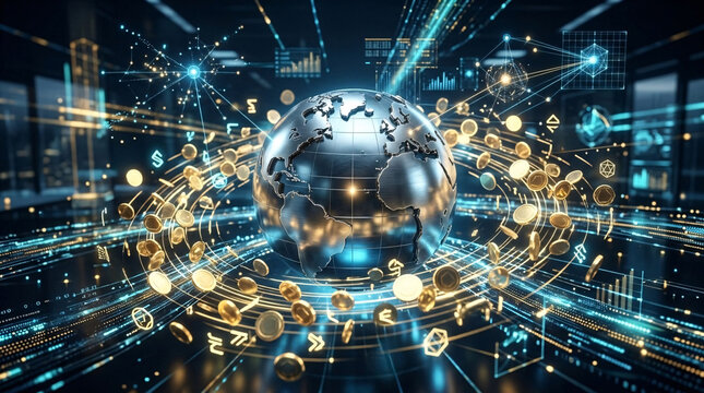 Digital metallic Earth globe surrounded by orbiting gold coins and glowing financial tech network lines in dark modern datacenter.