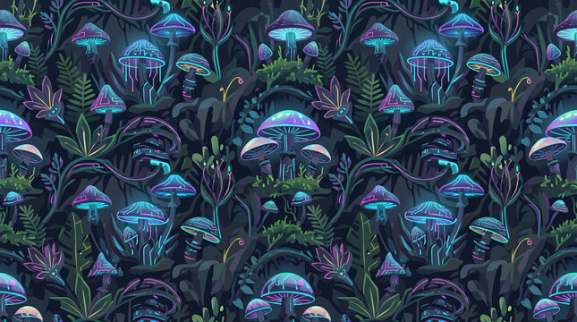 vibrant mushroom and plant pattern, colorful fungi illustration