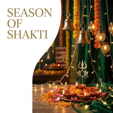 Hanging brass bells and glowing clay diyas with marigold garlands on green satin curtain background for navratri.