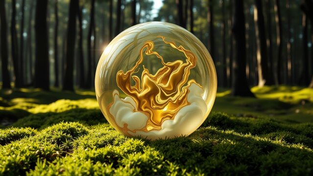 Golden sphere rests upon mossy ground. Forest backdrop creates mystical, ethereal scene. Light shines through orbs swirling interior.