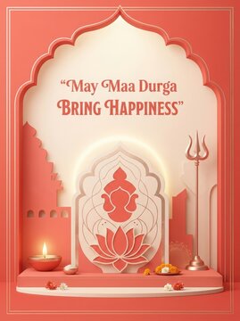 Pink ornate arch with lord Ganesha, lotus, diwali lamp, and trident for hindu cultural festival.