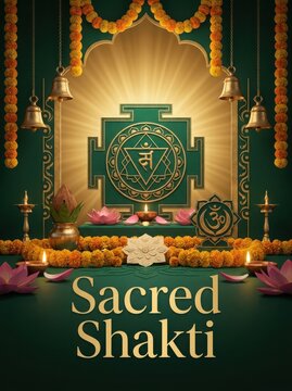 Sacred shakti festival vibrant green gold backdrop featuring shakti yantra kalash lotus flowers diya bells for hindu celebration.