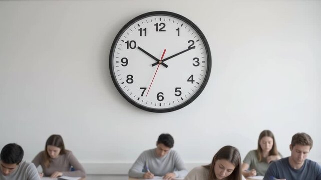 Students taking exam in classroom with clock ticking down time for test completion.