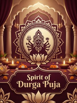Spirit of durga puja festive maroon gold ornate background featuring goddess durga symbol lotus flowers diyas celebration.