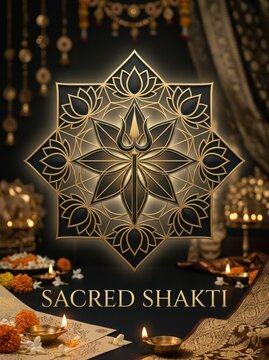Sacred shakti hindu religious festival symbol intricate gold black design lotus petals trishul divine glow elements.