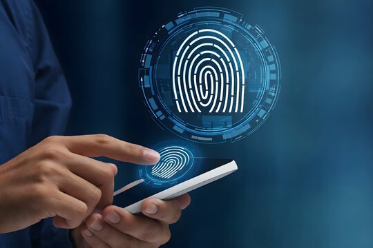 Fingerprint authentication. Secure biometric identification technologies. Man tapping smartphone to use passwordless authentication system. Fingerprint icon.