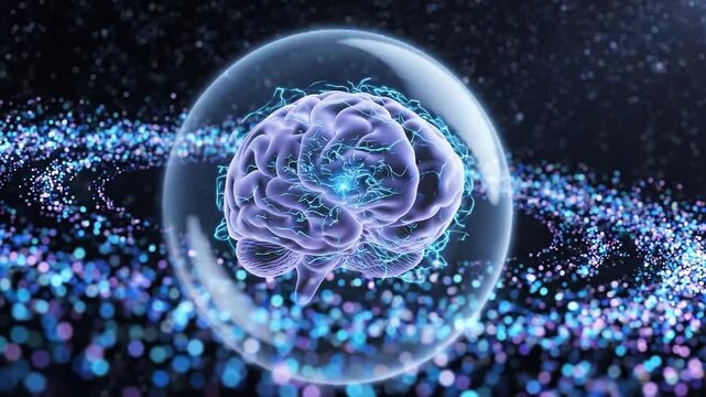 Digital brain inside protective bubble with glowing data streams and cosmic nebula background, futuristic science concept, motion.