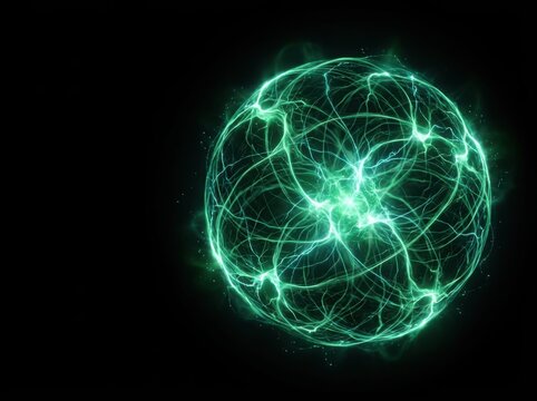 Glowing green energy sphere with intricate network against dark background conceptualizing power