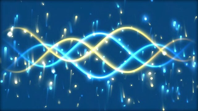Blue and Gold Glowing Wave Sine Curves and Particle Rain Loop   