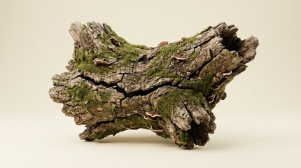 Fototapeta premium Fragment of ancient weathered deadwood covered in soft emerald moss and tiny natural fungi, deeply cracked bark, irregular organic shape, dark woodland atmosphere, isolated against a completely plain 