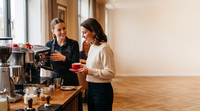 Friendly Barista Serving Fresh Coffee to Customer in Modern Cafe