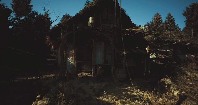 rustic cabin facade with sunlit doorway, detailed timber grain, weathered boards and porch shadow, warm light highlighting patina and textures, evocative scene