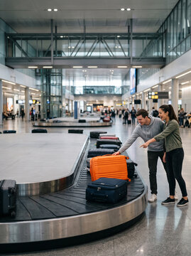 Young Couple Collecting Luggage at Airport Baggage Claim