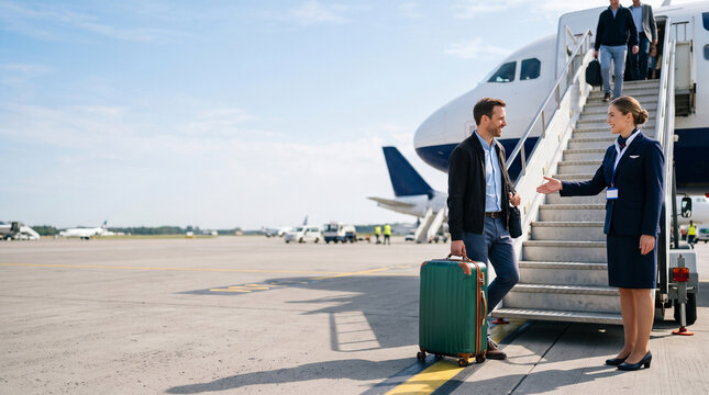 Flight Attendant Welcoming Passenger at Airport Airplane Stairs