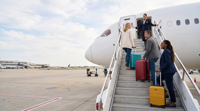 Passengers boarding an airplane via stairs at the airport
