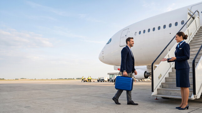 Businessman boarding an airplane greeted by a flight attendant