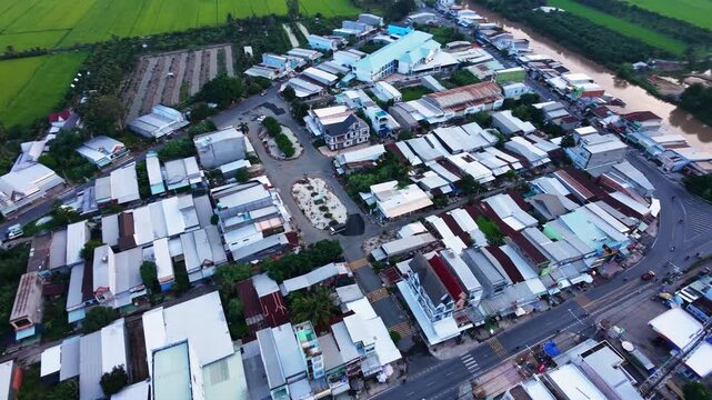 Three way road intersection at local market in Mekong Delta