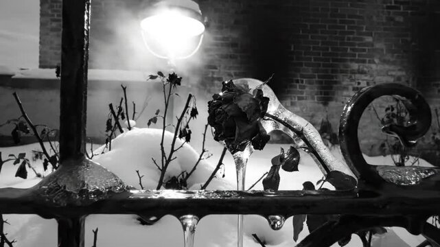 Black and white view of a frozen rose in a snow covered garden with a brick wall and outdoor lamp