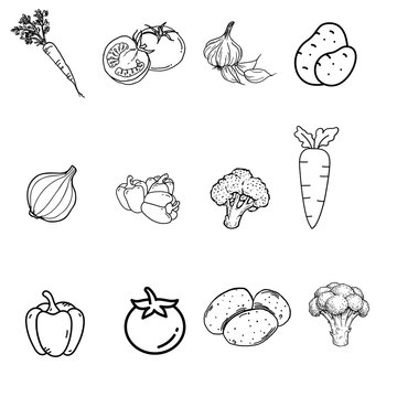 Hand drawn vegetable icons set featuring sketch line art illustrations of carrots tomatoes garlic potatoes onions peppers and broccoli on white background