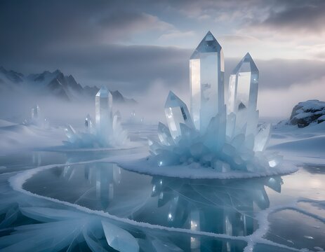 Surreal Frozen Landscape with Giant Translucent Ice Crystals and Misty Mountains